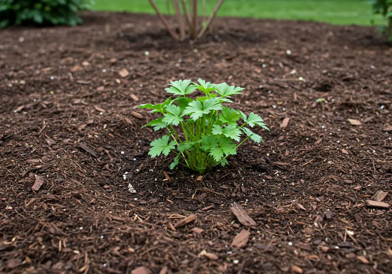 A ground-level view of a newly planted perennial division after receiving proper aftercare. The image should show the base of the small plant surrounded by a neat, even layer of organic mulch (like shredded bark), with a clear space left around the stems, illustrating the mulching technique described.
