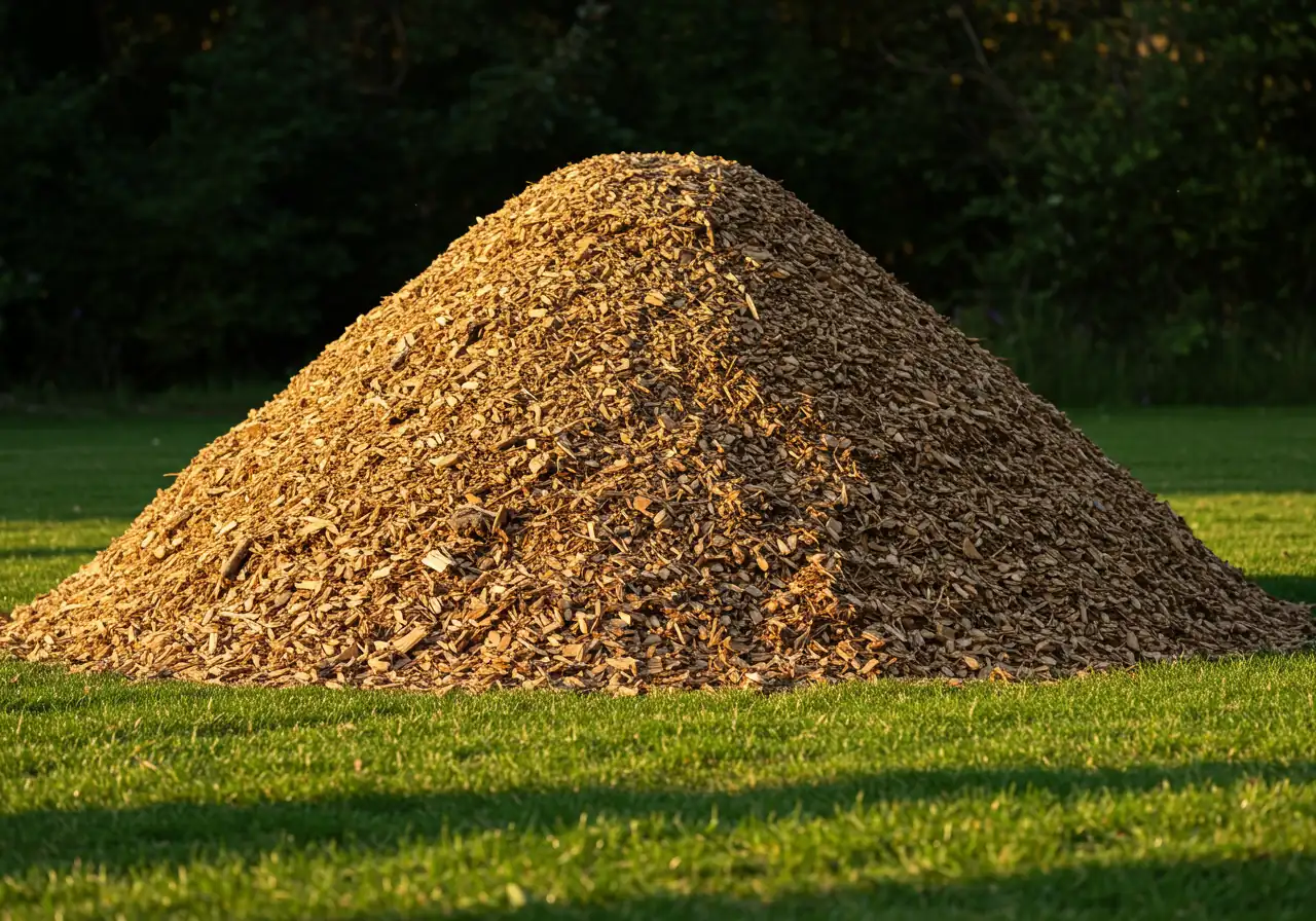A neat, substantial pile of fresh, uniformly sized wood chips resting on a clean lawn area. The texture of the chips (fragments of wood and bark) should be clearly visible, indicating recent chipping activity after tree work.
