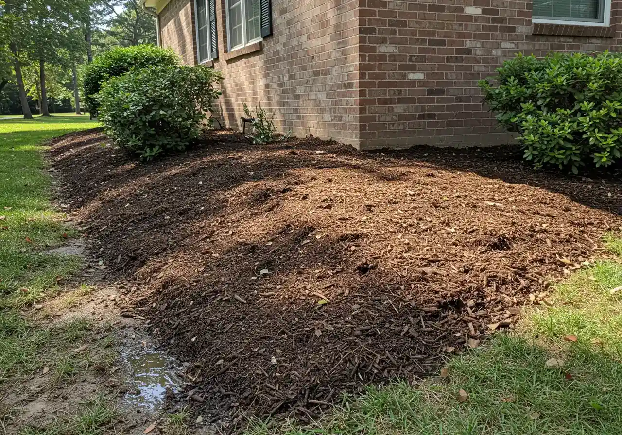 A ground-level perspective shot clearly demonstrating positive drainage next to a house foundation. The image should show the soil and mulch immediately adjacent to the foundation wall sloping distinctly downwards and away from the house. Perhaps show subtle signs of recent water flow moving away from the wall, like damp soil patterns.