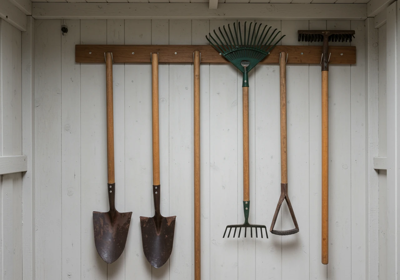 An organized and well-lit view inside a clean garden shed or garage. Several garden tools (a shovel, a rake, a hoe, pruning shears) are hanging neatly and individually on sturdy hooks or a dedicated tool rack mounted on a clean wooden or pegboard wall. The tools appear clean and maintained, ready for storage.