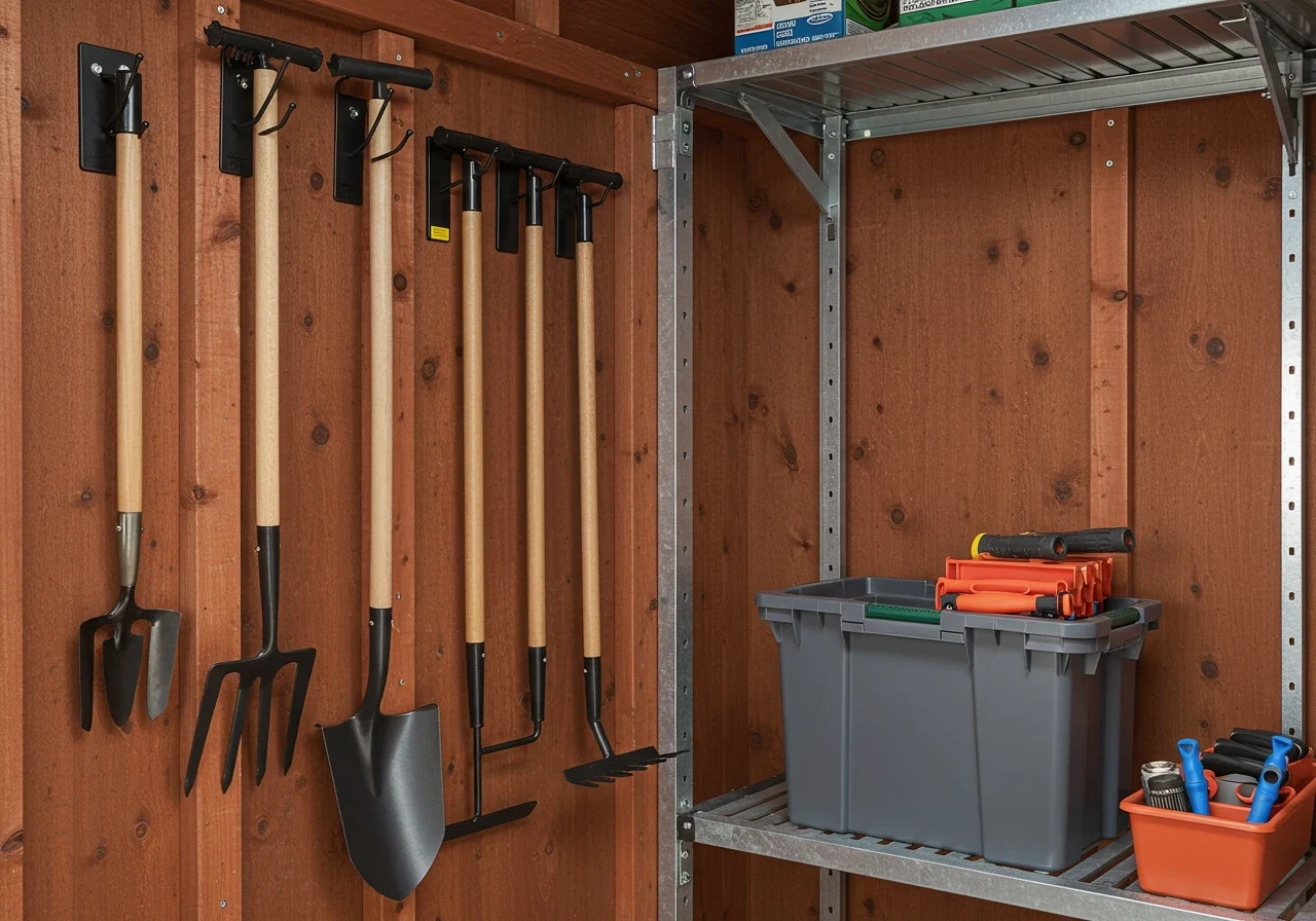 A photograph depicting the inside corner of a tidy, well-organized garden shed or garage focused on tool storage. Various long-handled garden tools (shovel, rake, hoe) and some hand tools are hanging cleanly and vertically from sturdy wall-mounted hooks or a rack system. The tools appear clean and maintained, ready for storage or next use. The background shows simple, clean shed walls (wood or pegboard).