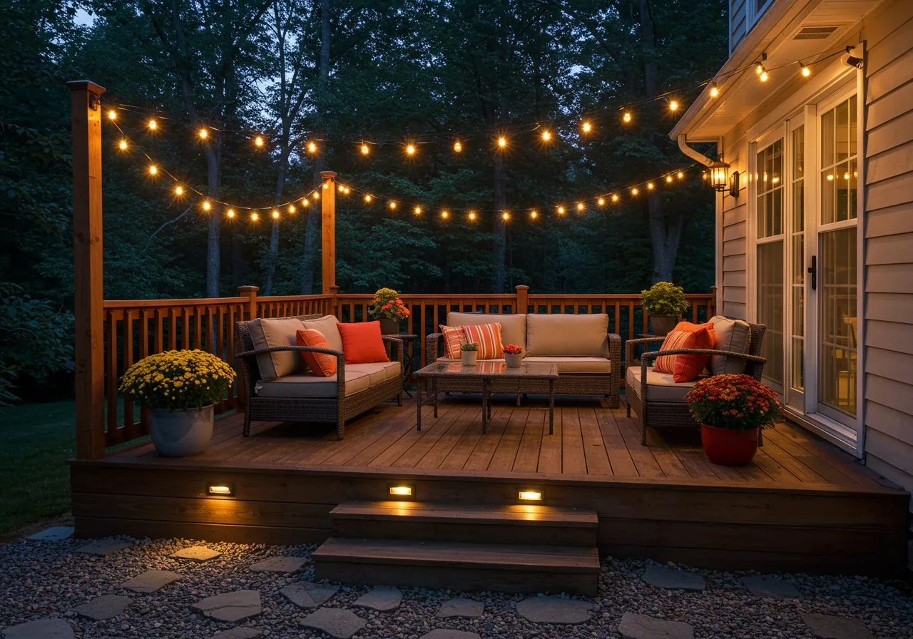 A cozy and inviting wooden deck or stone patio area shown in the evening. Soft, warm light emanates from overhead string lights (bistro/festoon style) draped above the area, perhaps supplemented by subtle deck step lights or a wall sconce on an adjacent house wall. The image conveys ambiance and extends the living space outdoors, illustrating fixture types used for mood.