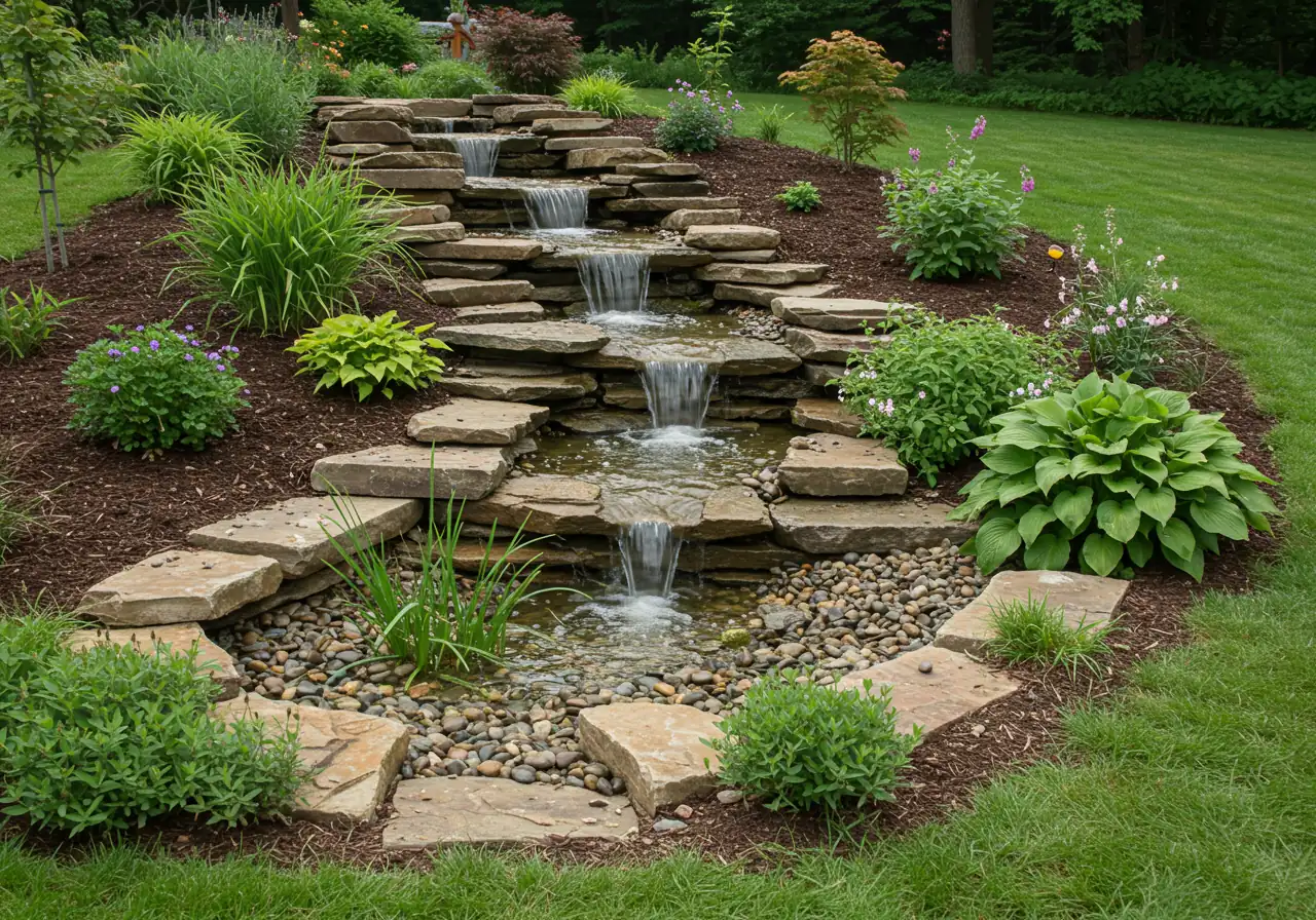 A photograph showcasing a well-integrated pondless waterfall built into a gentle slope using natural stones. This illustrates good planning and placement, showing how a feature can work with the existing terrain and be surrounded by complementary plantings.