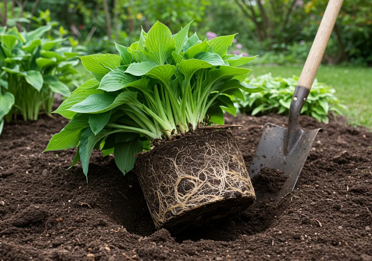 A large, healthy clump of a perennial plant, such as a Hosta or Daylily, freshly dug up and sitting on the soil surface beside the hole it came from. The dense root ball is clearly visible, potentially with a garden spade or fork resting nearby, illustrating the plant ready for division.