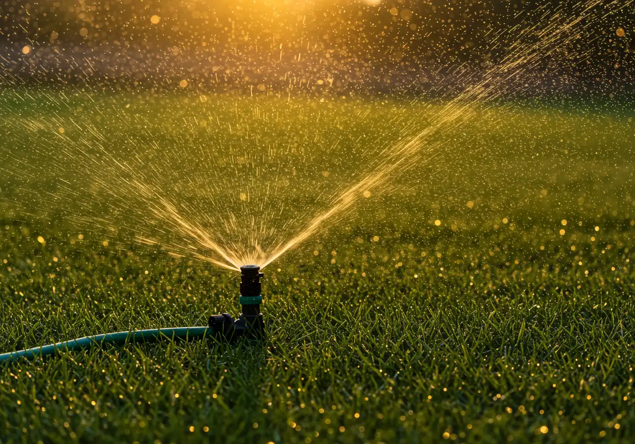 An image depicting efficient watering practice. A pop-up sprinkler head actively spraying a fine mist of water over a healthy green lawn during the very early morning. Soft, golden sunrise light illuminates the scene, with water droplets visible in the air and clinging to grass blades.