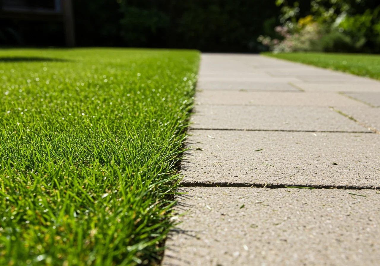 A low-angle view showcasing a sharply defined, clean edge between a healthy, moderately tall green lawn (illustrating the 'mow high' concept) and a paved walkway or garden bed border. The crisp line should be the focal point, emphasizing neatness and care.