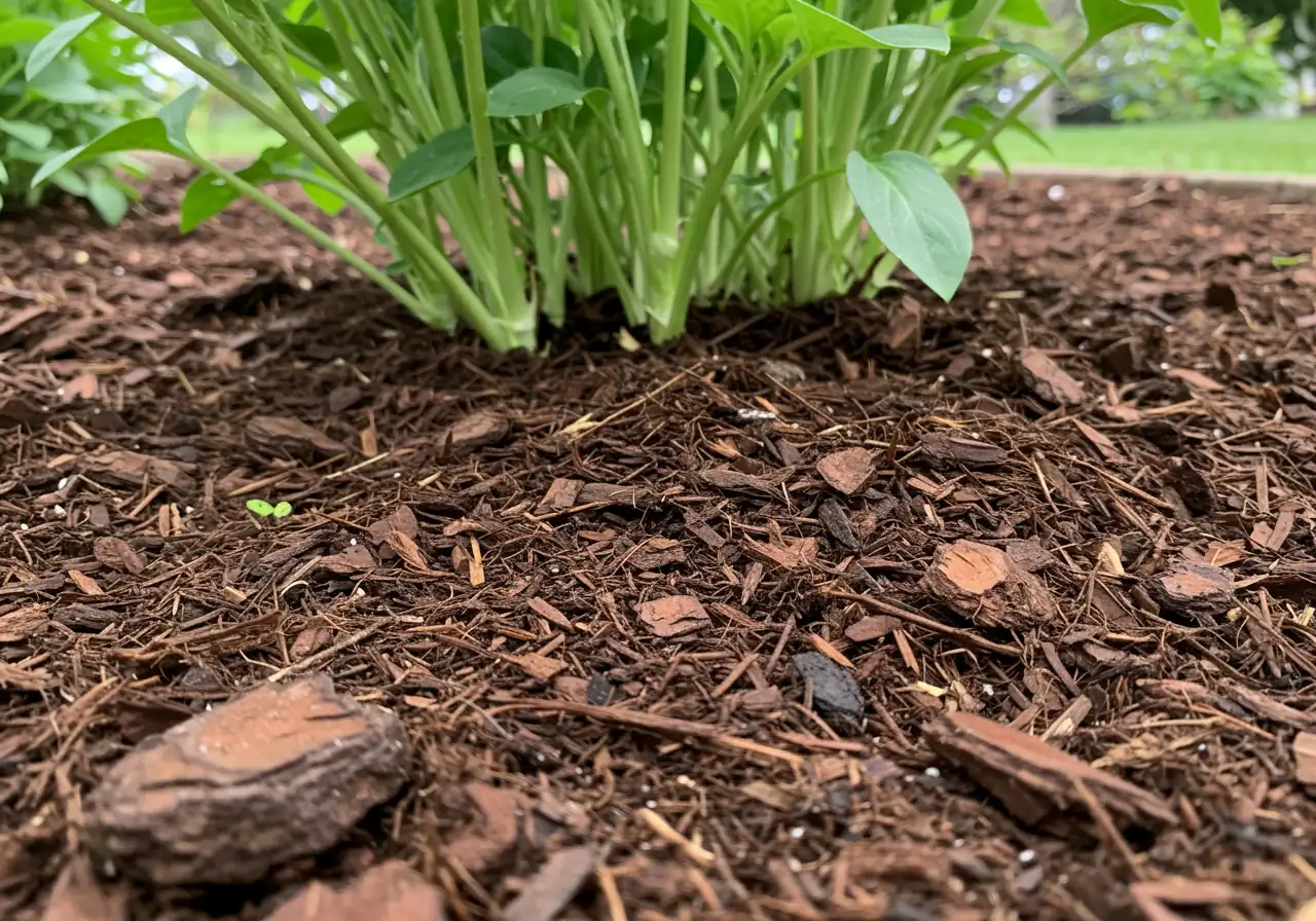 A low-angle view of a garden bed showing the base of several healthy perennial plants. A dark brown, textured layer of shredded bark mulch, about 2-3 inches deep, covers the soil surface around the plants. The image highlights the even coverage and texture of the mulch, implying moisture retention and weed suppression.