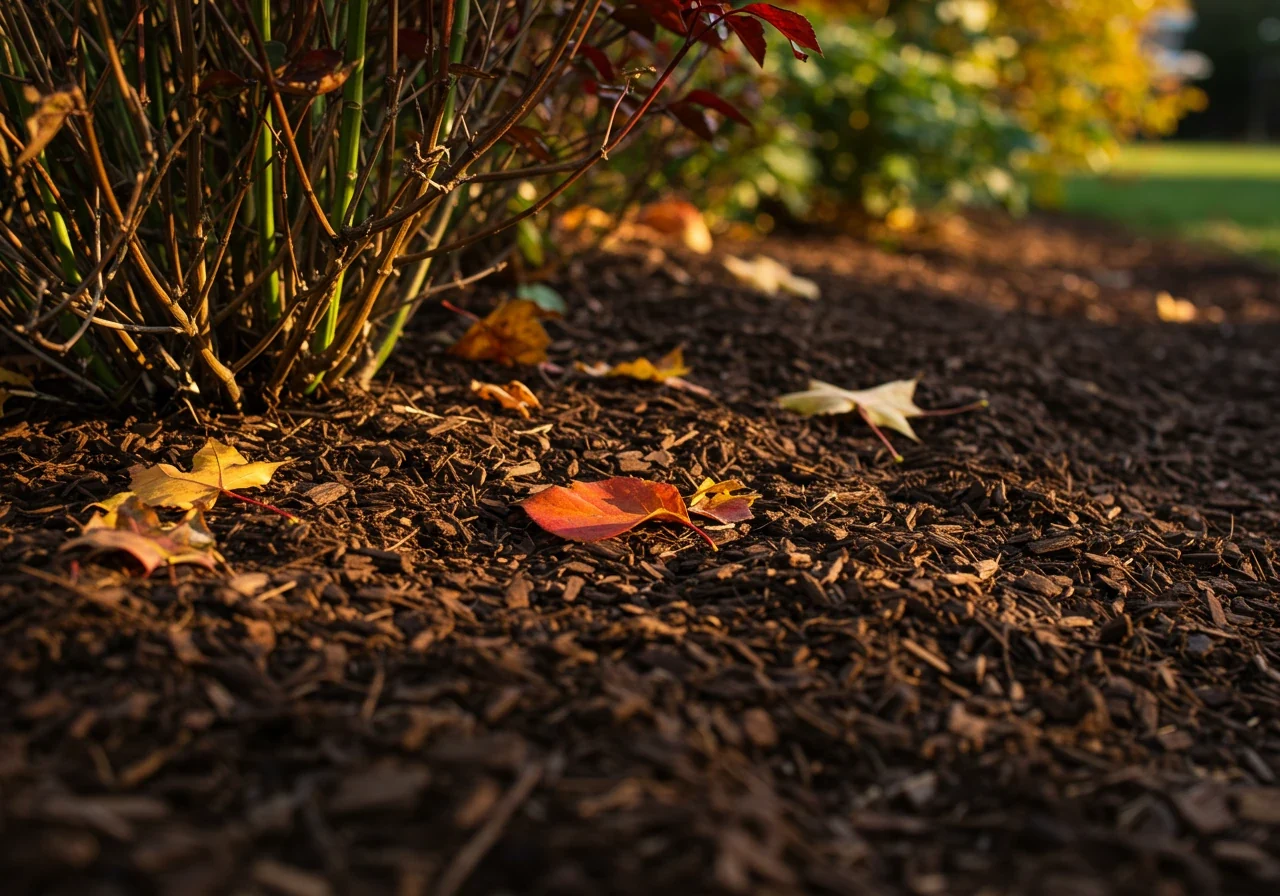 A low-angle shot of a garden bed in autumn where a layer of natural brown shredded bark mulch has been freshly applied around the base of dormant perennial stems and shrubs. A few fallen colourful autumn leaves might be scattered lightly on top of the mulch. The image should convey protection and neatness for the upcoming winter.