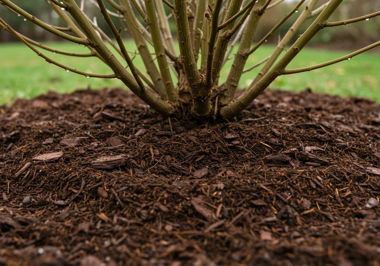 A low-angle shot focusing on the base of a recently pruned shrub, showcasing correctly applied mulch. A fresh, even 2-3 inch layer of dark brown shredded bark mulch covers the soil, creating a neat circle around the base but pulled back slightly from the main stems to show the 'breathing room'. Morning dew on the mulch would add a nice touch.