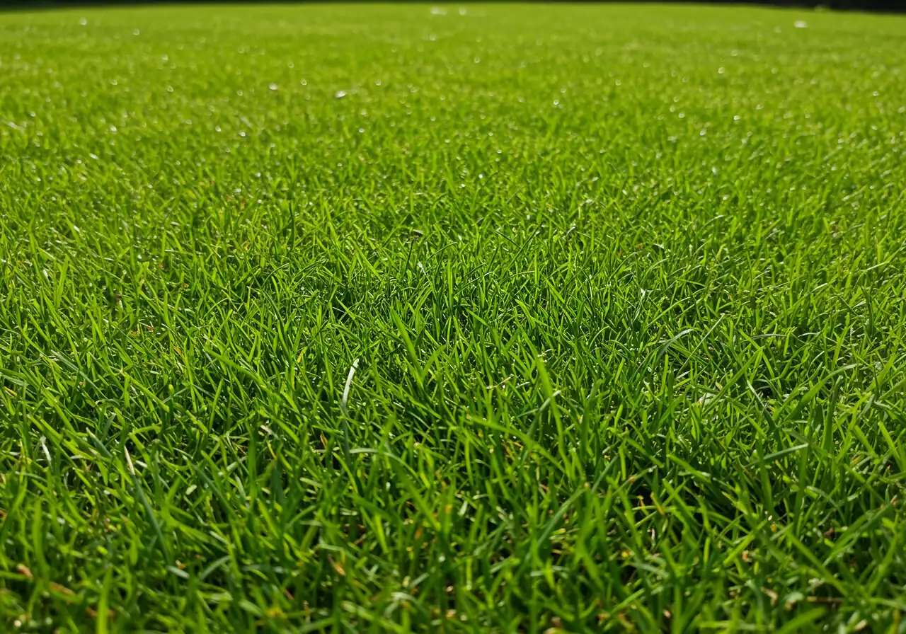 A photograph taken from a low angle across a lawn, clearly showing the healthy, dense appearance of grass mown tall (around 3-3.5 inches). The taller blades should subtly shade the soil beneath, illustrating the benefits of higher mowing heights discussed in this section.