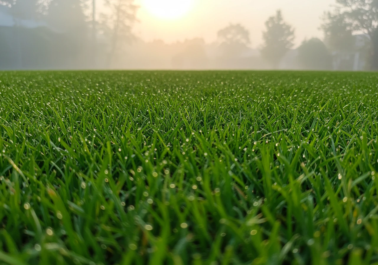 A visually appealing, slightly low-angle shot across a vibrant, healthy, perfectly green residential lawn. The grass should look thick, evenly cut, and well-hydrated, perhaps with early morning dew, representing the ideal result of smart watering. No dry patches or weeds visible.