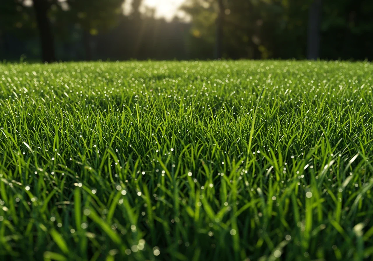 A vibrant, low-angle shot across a thick, healthy, and uniformly green lawn. The grass blades should appear dense and lush, possibly with a few drops of morning dew sparkling on them, signifying vitality and the positive results of proper lawn care like aeration.