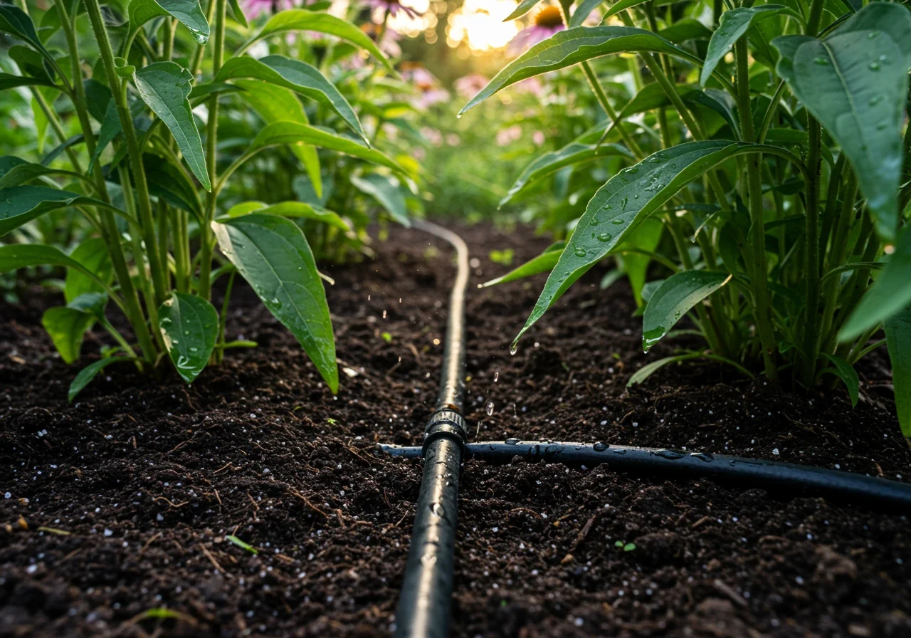 An image showcasing the 'deep watering' concept using a soaker hose. The photo should show a dark-colored soaker hose laid neatly on top of rich, dark garden soil at the base of several healthy-looking perennial plants (like coneflowers or salvia). Droplets of water should be visibly seeping from the hose, creating a distinct damp area in the soil directly around it, illustrating targeted root-zone watering. Shot from a low angle in early morning light.