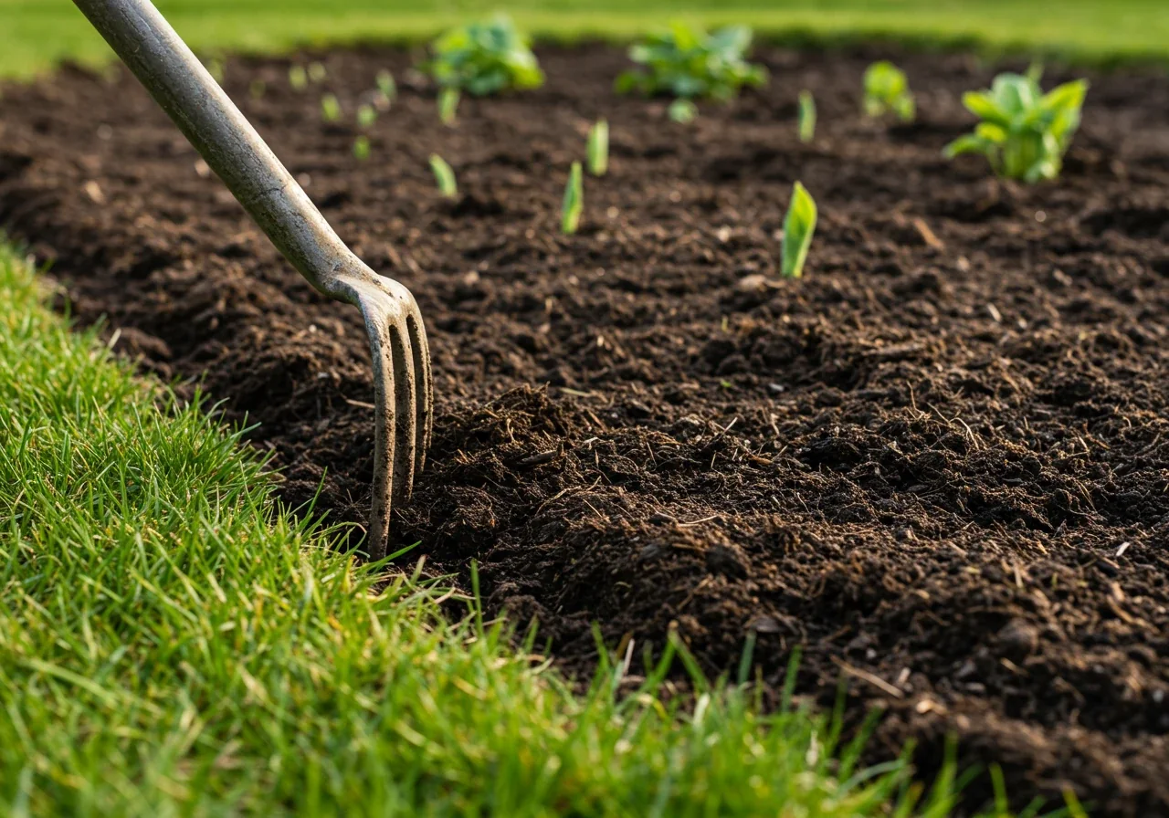 A visually appealing shot of a freshly prepared garden bed in early spring. Show dark, rich compost being gently turned into the existing soil with a garden fork partially visible (no hands). Include a cleanly defined edge separating the bed from the adjacent lawn. Early perennial shoots might be emerging.