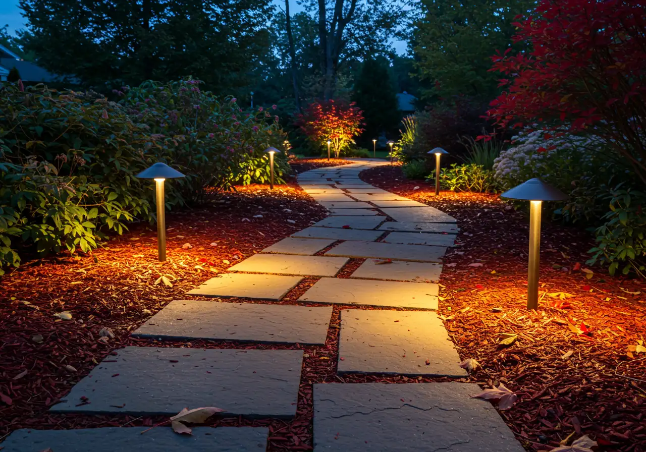 A beautifully lit flagstone pathway winding through a garden during twilight in autumn. Low-level pathway lights cast warm, overlapping pools of light onto the stones and surrounding mulch, where colourful fallen leaves are scattered. The lighting clearly defines the path for safe navigation, emphasizing the safety aspect discussed in the section.