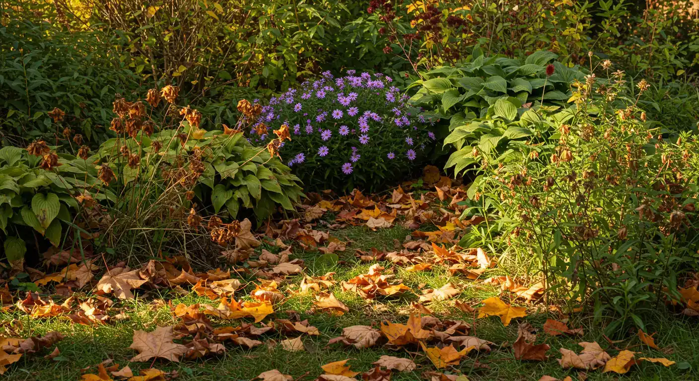 An image capturing the 'colourful chaos' of a late autumn garden before cleanup. Showcases a mix of vibrant fallen leaves (reds, oranges, yellows) scattered across a dormant garden bed containing brown, spent perennial foliage (like hostas or daylilies) and perhaps some late-blooming hardy mums or asters under the soft, low light of a late fall afternoon.