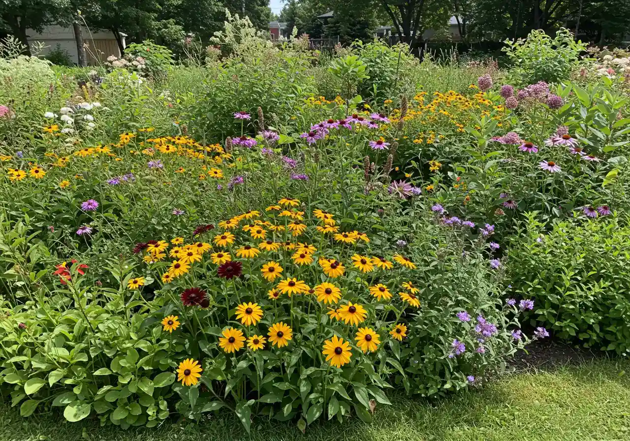 A beautiful photograph showcasing a lush, diverse garden bed designed as a pollinator habitat. It features a mix of colourful flowering native plants like Black-Eyed Susans, Purple Coneflowers, and perhaps some Milkweed, blooming simultaneously. The garden looks vibrant and inviting, suggesting a rich source of nectar and pollen, embodying the concept of a 'stepping stone' habitat.