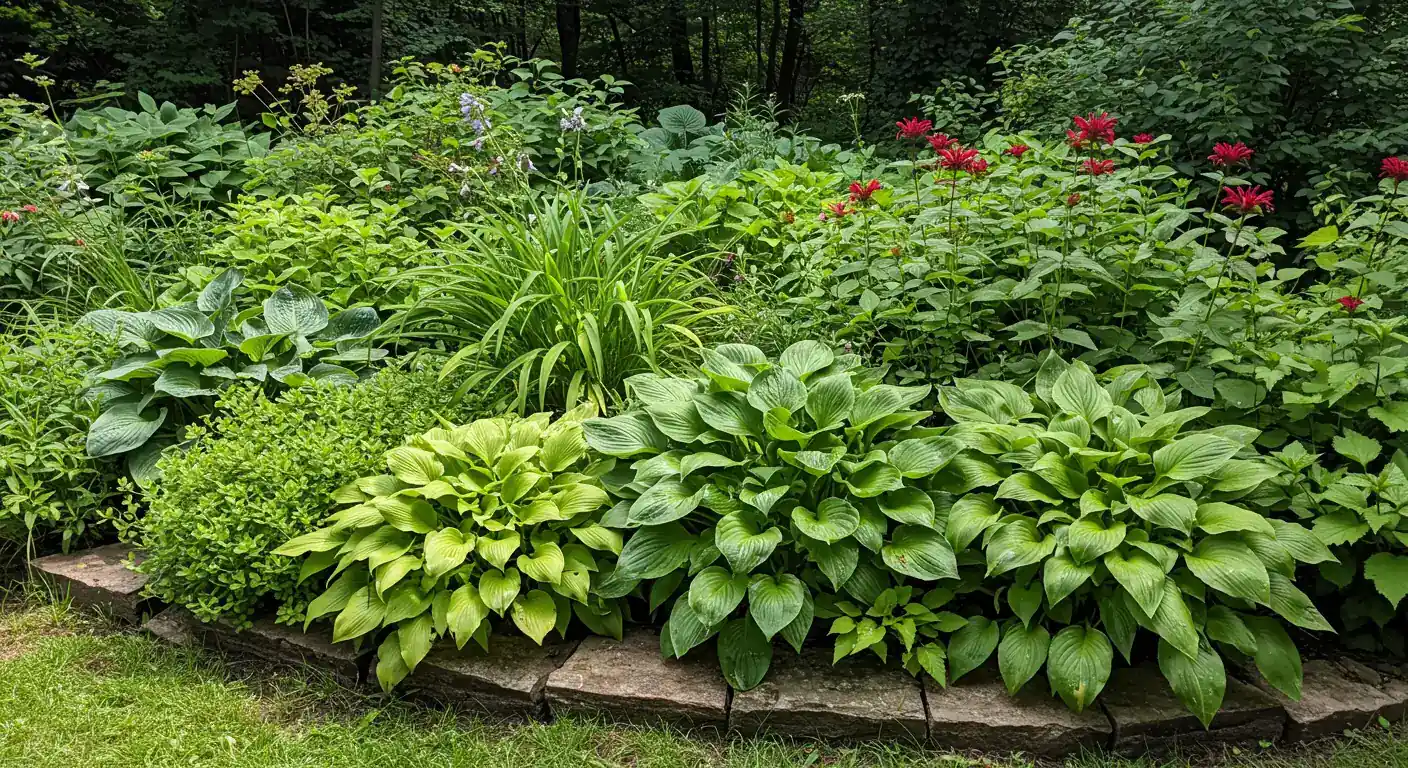 A vibrant but noticeably overcrowded garden bed in mid-summer sunlight. Feature lush, densely packed perennials like hostas, daylilies, and perhaps some bee balm jostling for space, with foliage slightly spilling over a stone pathway edge. The scene should look full and energetic, hinting at being slightly out of control without looking neglected.