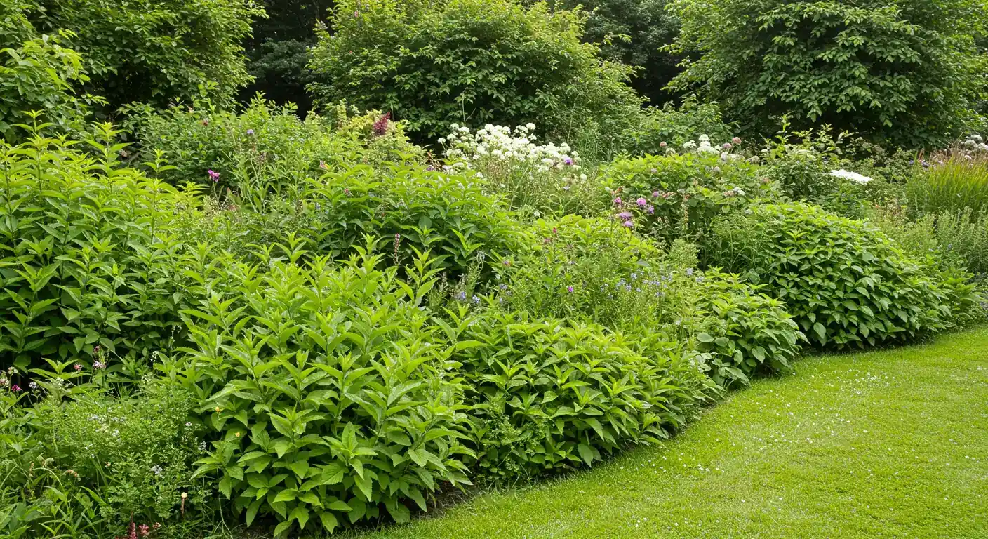 A vibrant, lush garden scene depicting the rapid, slightly wild growth characteristic of mid-summer. Focus on dense green foliage of various perennials and shrubs, maybe with some flowers intermixed, suggesting energy and abundance, perhaps bordering on needing a tidy-up. Bright, sunny day lighting.