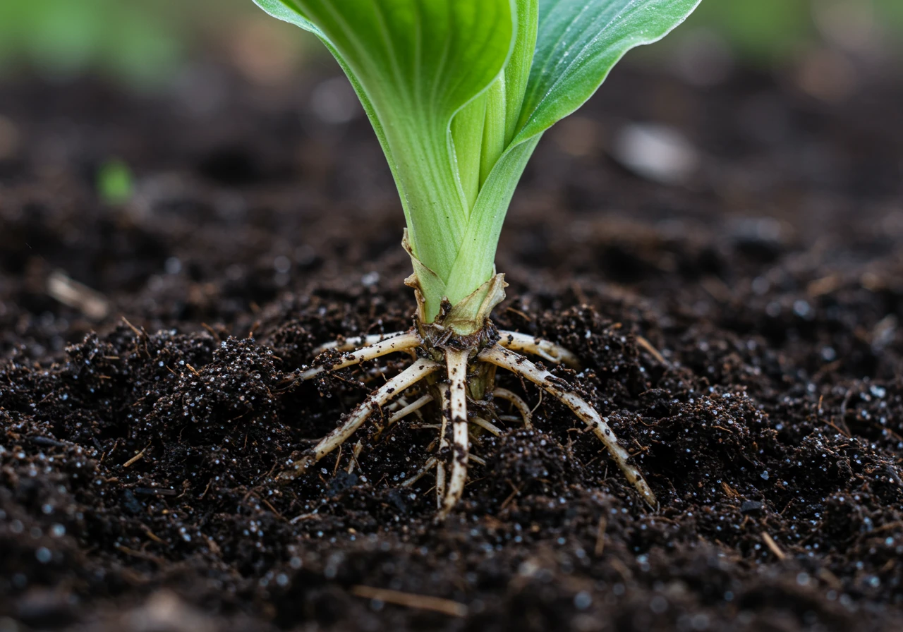 A close-up, detailed photograph illustrating frost heave. It should show the base of a small perennial plant (like a hosta or coral bell) visibly pushed slightly upwards out of the dark, moist spring soil. A few delicate roots should be exposed near the crown, resting on the soil surface. The focus should be sharp on the plant base and the disturbed soil texture.