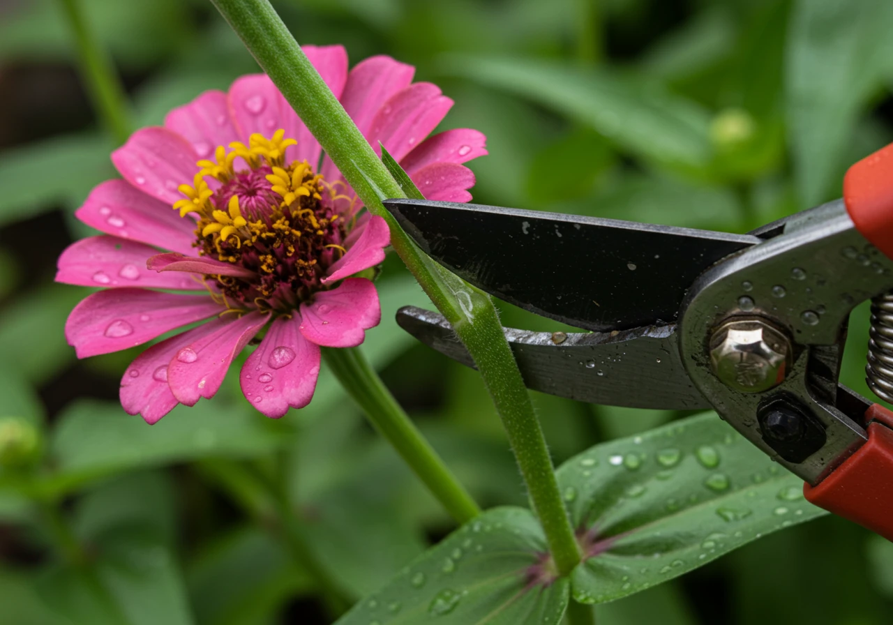 Macro photograph capturing bypass pruners cleanly snipping the stem of a faded pink zinnia just above a set of healthy green leaves and a tiny emerging bud. Focus is sharp on the cutting point, showing the clean cut. Dew drops visible on leaves, bright morning light.