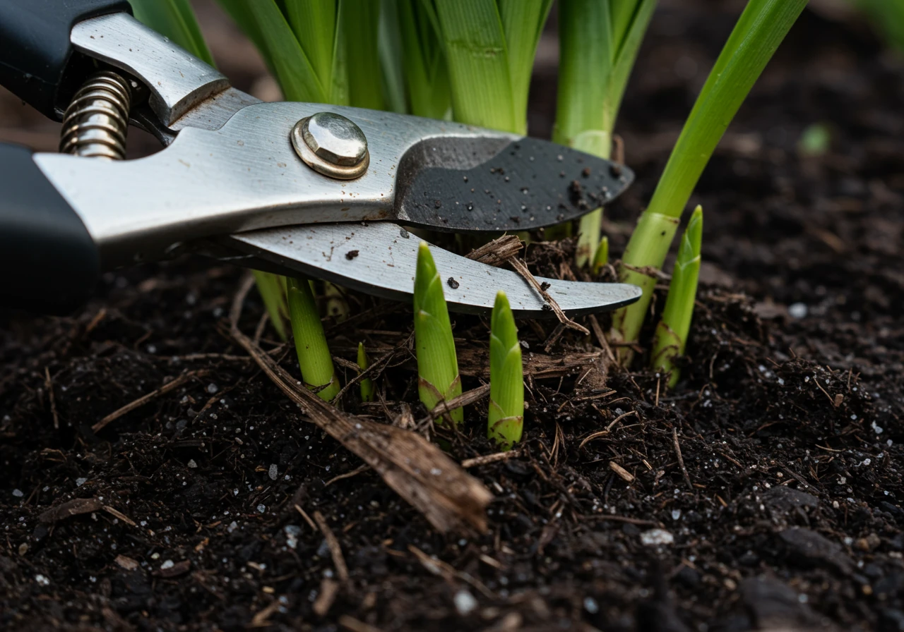 A macro shot focusing on the base of a perennial plant, like a Hosta or Daylily. Clean pruning shears are shown cutting away the old, brown, papery foliage from the previous year. Tiny green shoots of new growth should be visible emerging from the plant's crown at the soil level, emphasizing the renewal process and the tidying action.