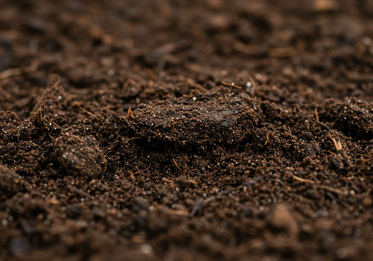A close-up macro shot of dark, rich soil mixed with visible organic matter like compost and bits of decomposed leaves. The soil should look moist but not waterlogged, with a crumbly texture. The focus should be on the soil texture and composition. No plants or tools, just soil.