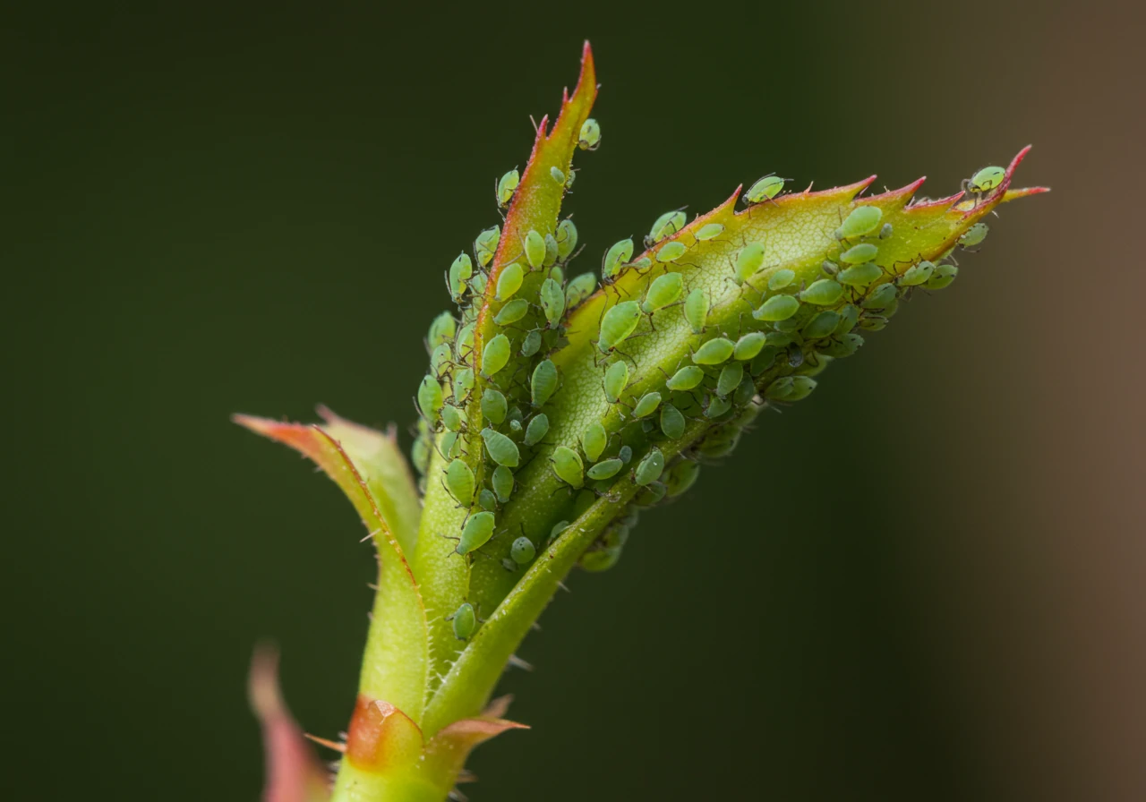 A detailed macro photograph showing aphids clustered on the new growth of a plant. This image would directly illustrate the 'Aphids' section under 'Common Spring Garden Issues', helping readers identify this common pest discussed in the article.