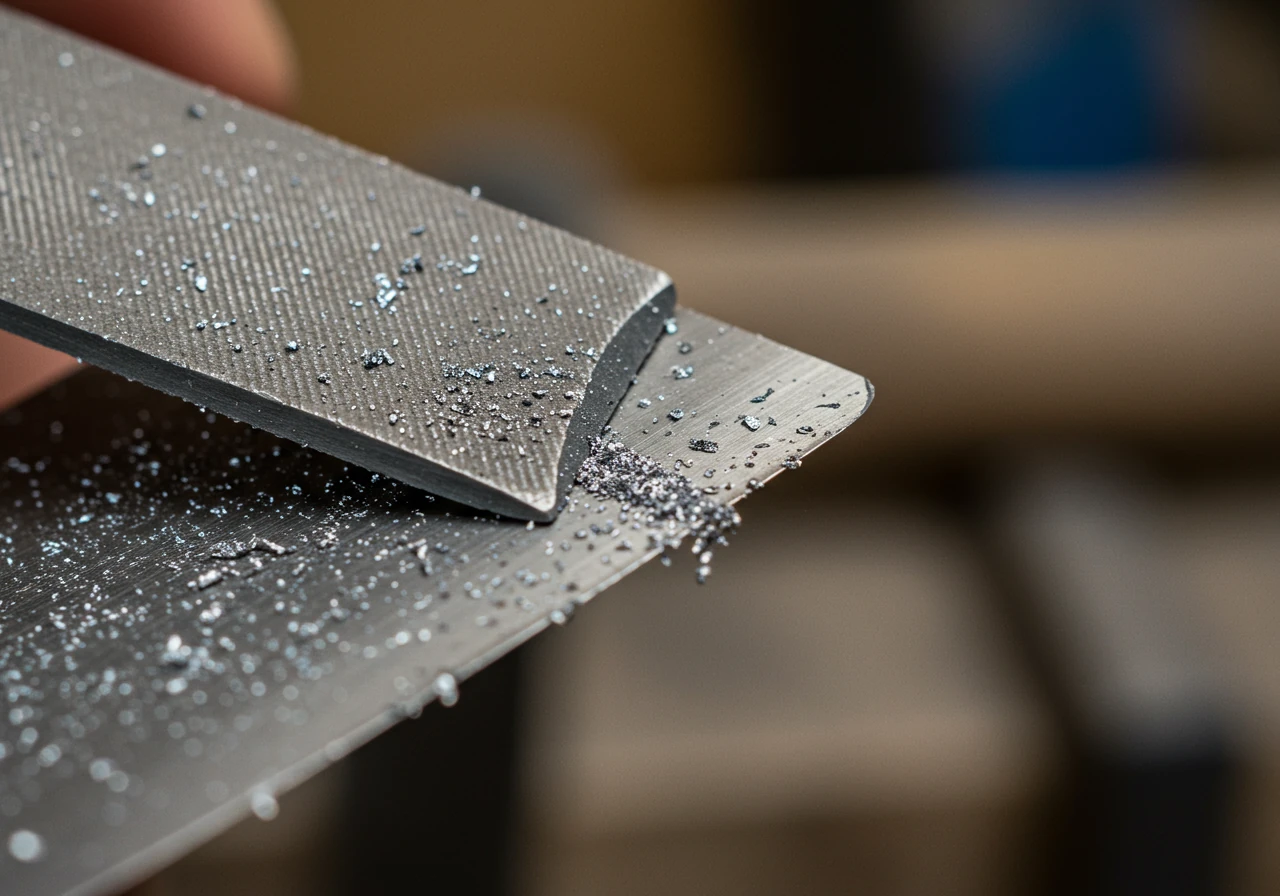 A detailed close-up photograph focusing on the act of sharpening. A metal mill bastard file is shown moving across the beveled edge of a garden shovel blade, which is held securely. Tiny, shiny metal filings are visible on the blade near the file's contact point. The focus is tight on the file and blade edge, with the background softly blurred.