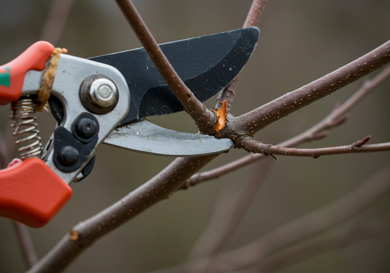 A close-up macro shot focusing on sharp, clean bypass pruner blades making a correct thinning cut just outside the branch collar on a dormant deciduous shrub branch. The focus is tight on the cut location and the tool's action.