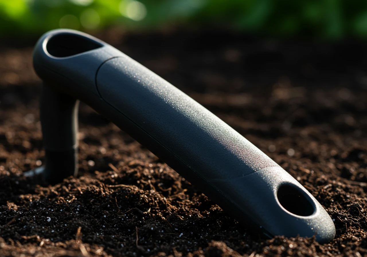 A detailed close-up photograph focusing solely on the padded, contoured grip handle of an ergonomic garden hand trowel. The image should highlight the texture of the soft grip material and the curved shape designed to fit naturally in a hand, resting lightly on dark, rich soil. No hands are visible.