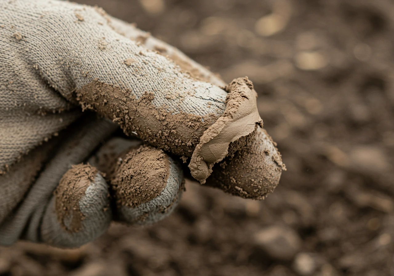 A close-up photograph demonstrating the 'ribbon test' for clay soil. The image should clearly show a length of moist, cohesive brownish-grey soil being squeezed between a thumb and forefinger (gloved, but showing no other part of the hand or person) forming a distinct ribbon about 1-2 inches long without breaking. The background should be slightly blurred soil or greenery, emphasizing the texture and plasticity of the clay ribbon itself.