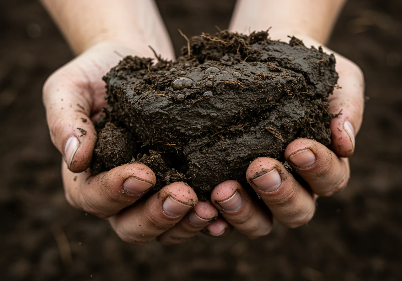 A close-up, textured photograph focusing on a handful of dense, wet, heavy clay soil. The soil should look sticky and plasticine-like, clearly showing its fine particle structure and lack of easy drainage. Water droplets could be clinging to the surface, emphasizing its water-retentive nature.