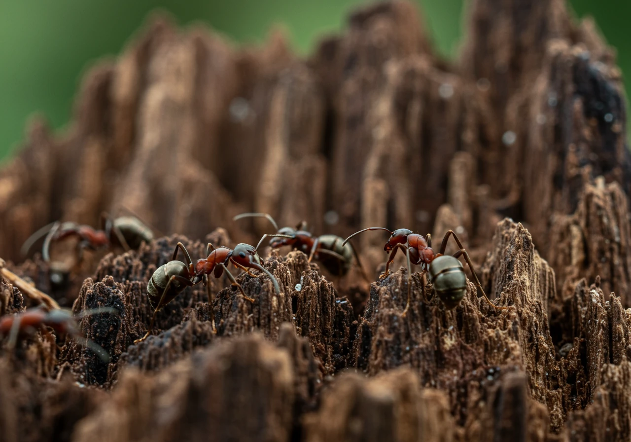 A close-up macro photograph focusing on the decaying, textured wood at the base of an old tree stump. Clearly visible are several large carpenter ants or termites actively crawling on the decomposing wood surface, illustrating the pest infestation problem.