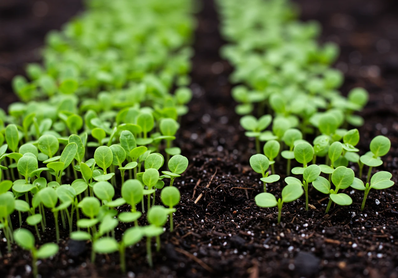 A macro view comparing two adjacent groups of small, green vegetable seedlings (like lettuce or radish) emerging from dark soil. One group is extremely dense and overcrowded, with seedlings appearing thin and weak. The adjacent group has been thinned, showing fewer, stronger seedlings spaced appropriately apart, highlighting the benefit of thinning for seedling health.