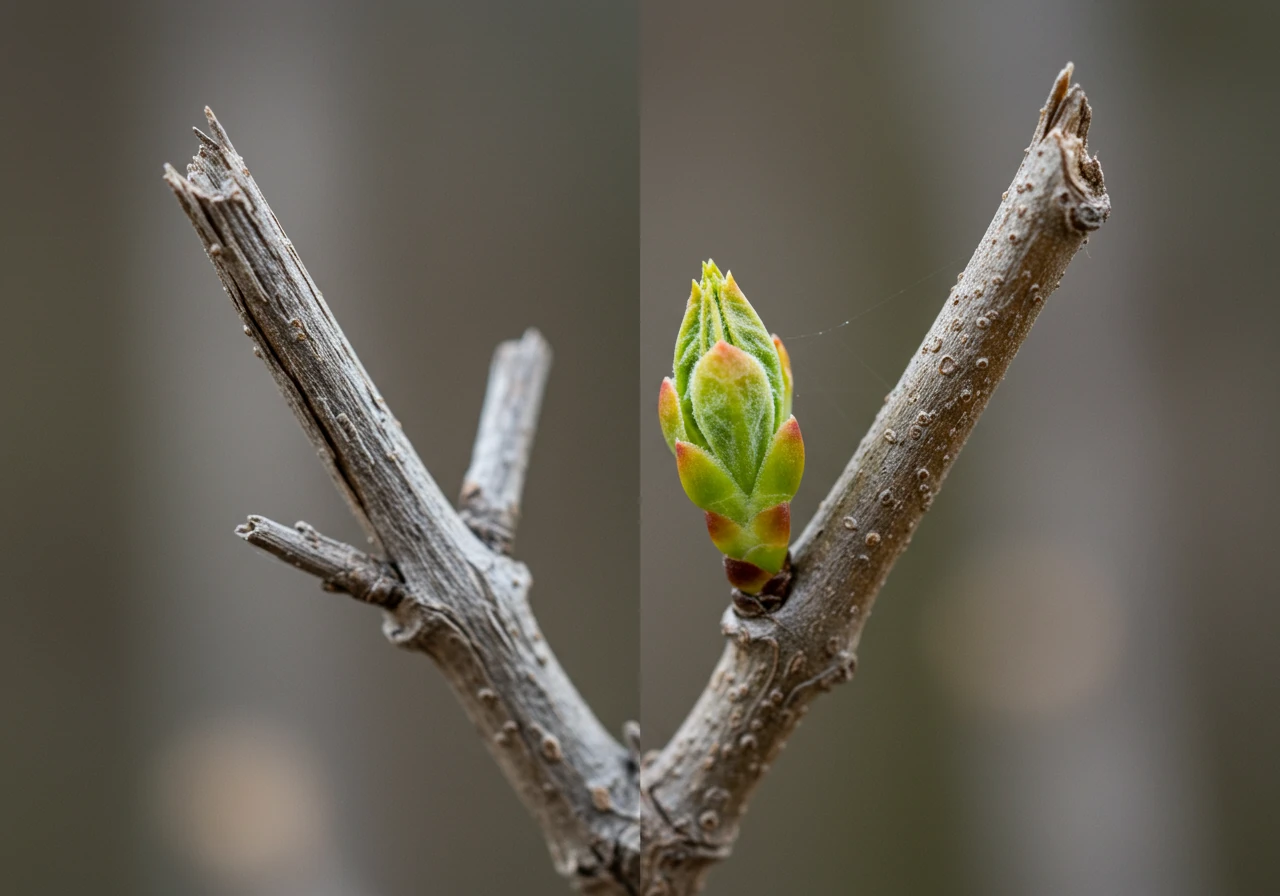 A clear, close-up comparison shot showing the distinct difference between a dead, brittle shrub branch and a healthy, live branch with visible buds. This visually reinforces the concept of identifying the '3 Ds' (Dead, Diseased, Damaged wood).