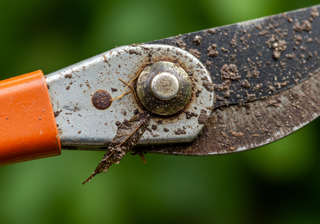 A detailed close-up photograph focusing intently on the blade of a pair of garden hand pruners. The metal blade is visibly dull and tarnished, with noticeable caked-on dirt, dried plant sap residue, and small clinging leaf fragments. Subtle patches of orange rust are beginning to form near the pivot point and along the edge. The background should be softly blurred green foliage, emphasizing the tool itself.