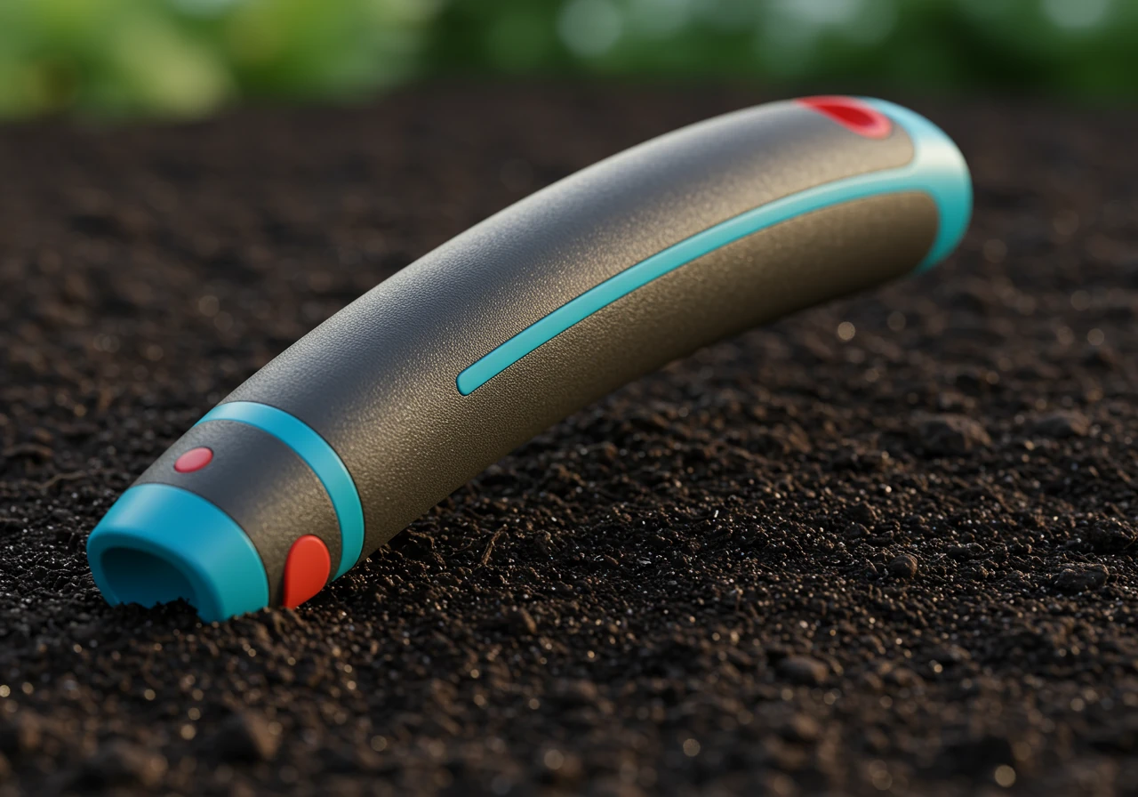 A detailed close-up photograph focusing on the handle of an ergonomic garden trowel. The handle should feature a visible cushioned grip, possibly brightly colored (e.g., green or orange), with contours designed for a comfortable hand fit. The trowel blade can be partially visible, clean, and resting lightly on dark, rich garden soil. The lighting should be soft and natural, highlighting the texture of the grip material.