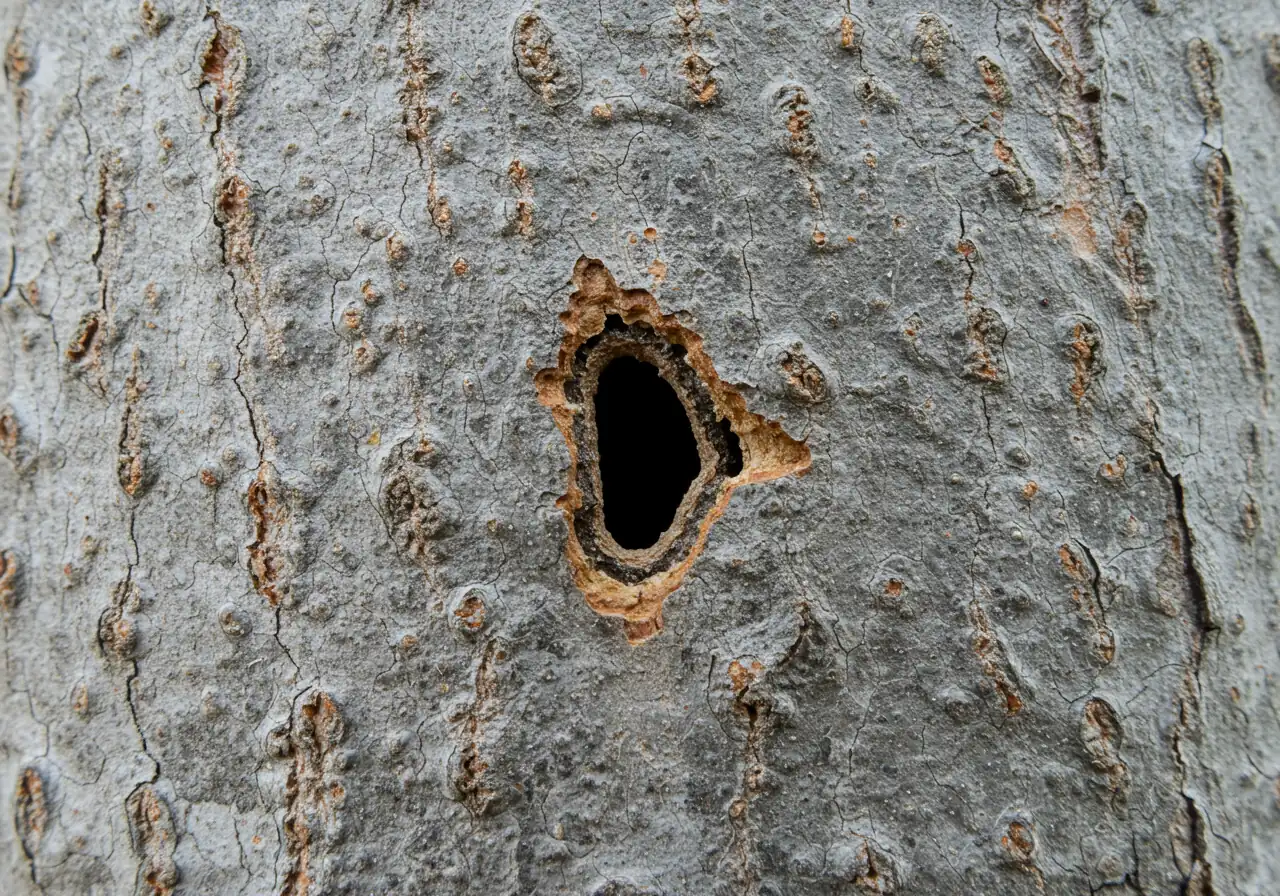 A detailed macro photograph showcasing the distinctive D-shaped exit hole left by an adult Emerald Ash Borer beetle on the textured bark of an ash tree. The hole should be the clear focal point, emphasizing its unique shape against the natural pattern of the bark.