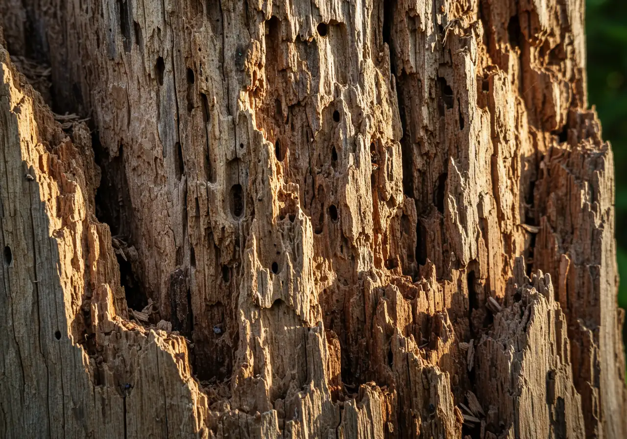 A close-up, detailed macro shot of the decaying wood of a tree stump, highlighting textures like cracks and perhaps subtle signs of insect activity like small boreholes or ant trails, visually representing the pest attraction issue.