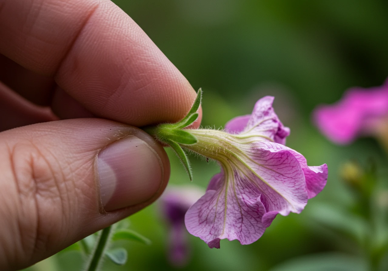 An extreme close-up, macro shot focusing on fingertips (hand only, no person visible) performing the 'pinching' technique. The fingers are shown gently snapping off a single wilted, faded petunia flower head and its small stem, precisely above a junction with healthy green leaves. The soft texture of the petunia stem and petals should be visible.