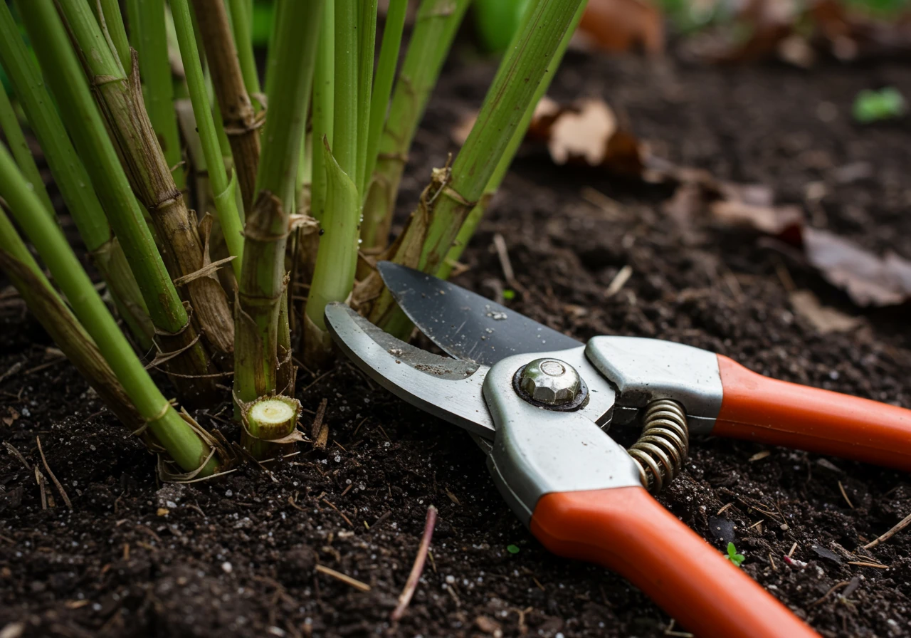 A close-up action shot focusing on the result of pruning herbaceous perennials. Shows clean, sharp bypass pruners resting near the base of a correctly cut-back perennial (like a hosta or peony), leaving about 3-4 inches of brown stems protruding from the soil. The surrounding garden bed might have some fallen leaves or mulch.