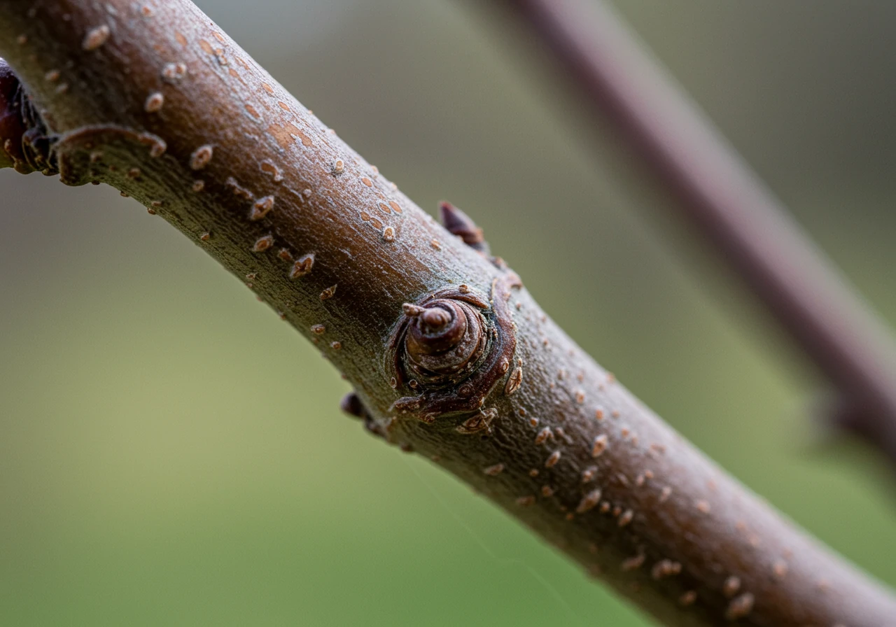 A detailed close-up photograph focusing sharply on the junction of a small fruit tree branch with a larger limb. The image must clearly show the 'branch collar' (the slightly swollen ridge of bark). Optionally, the tip of a clean bypass pruner blade could be shown positioned *just* outside this collar, indicating the correct place to make a pruning cut without actually showing the cut being made or any hands.