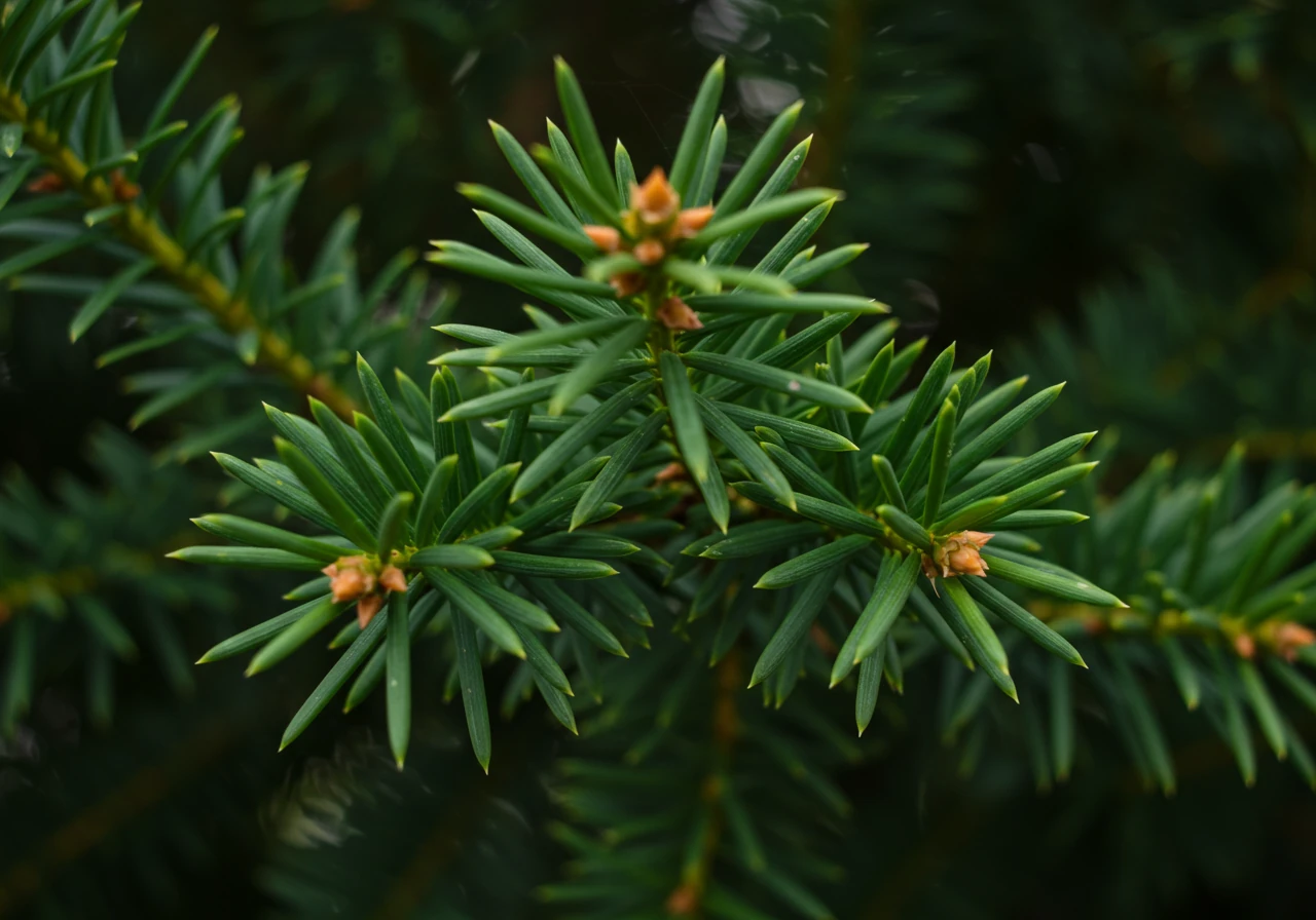 A close-up, detailed view of the dense, dark green needles of a healthy Yew (Taxus) shrub, showcasing its texture and suitability for shearing into topiary shapes. Sunlight highlights the needle structure.