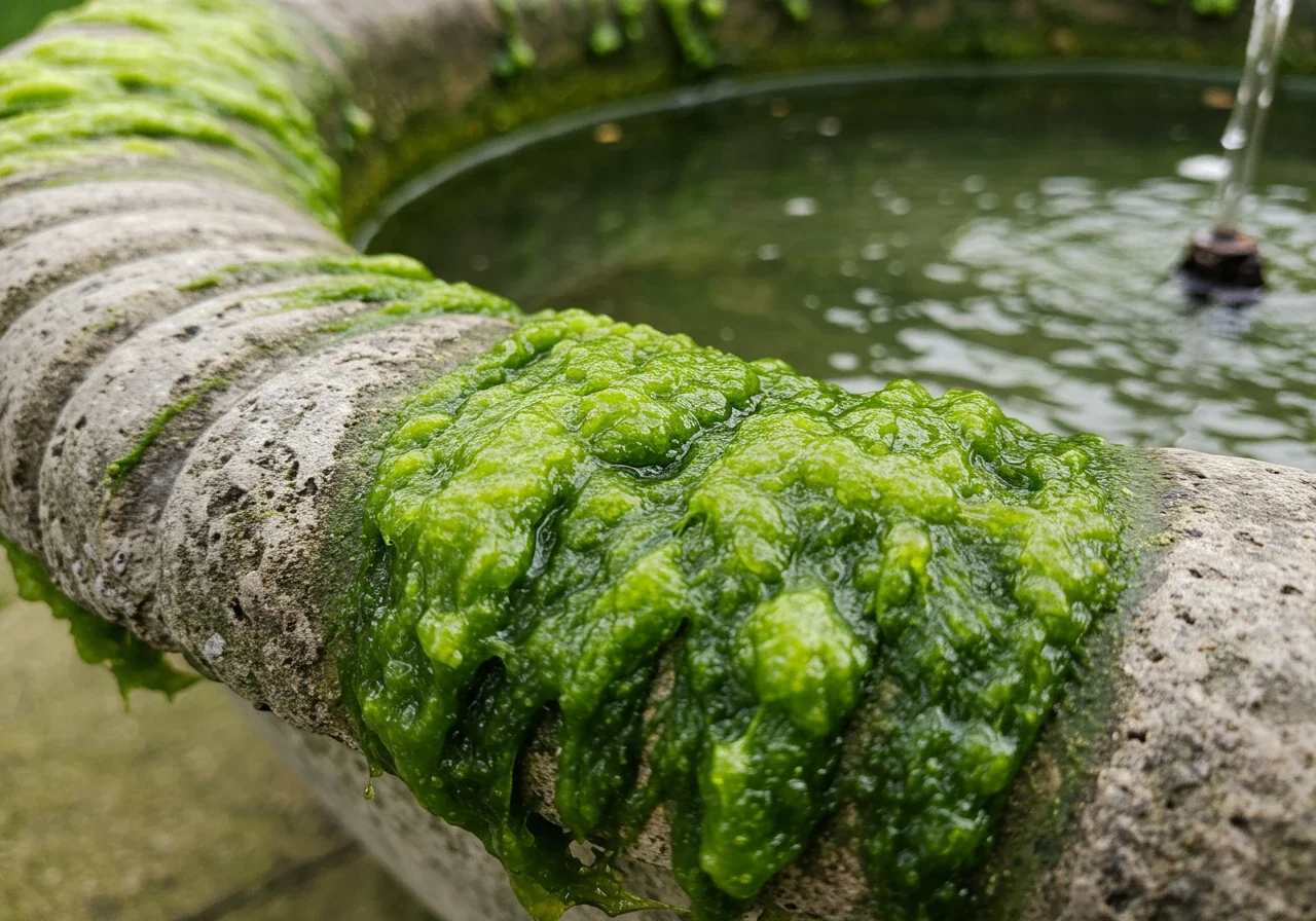 A detailed close-up shot clearly showing the common problem of green algae. Focus on a section of the fountain's interior surface (like a bowl edge or statue detail) covered in slimy, green algae growth, contrasting with the material of the fountain itself. The water nearby could appear slightly greenish or cloudy.