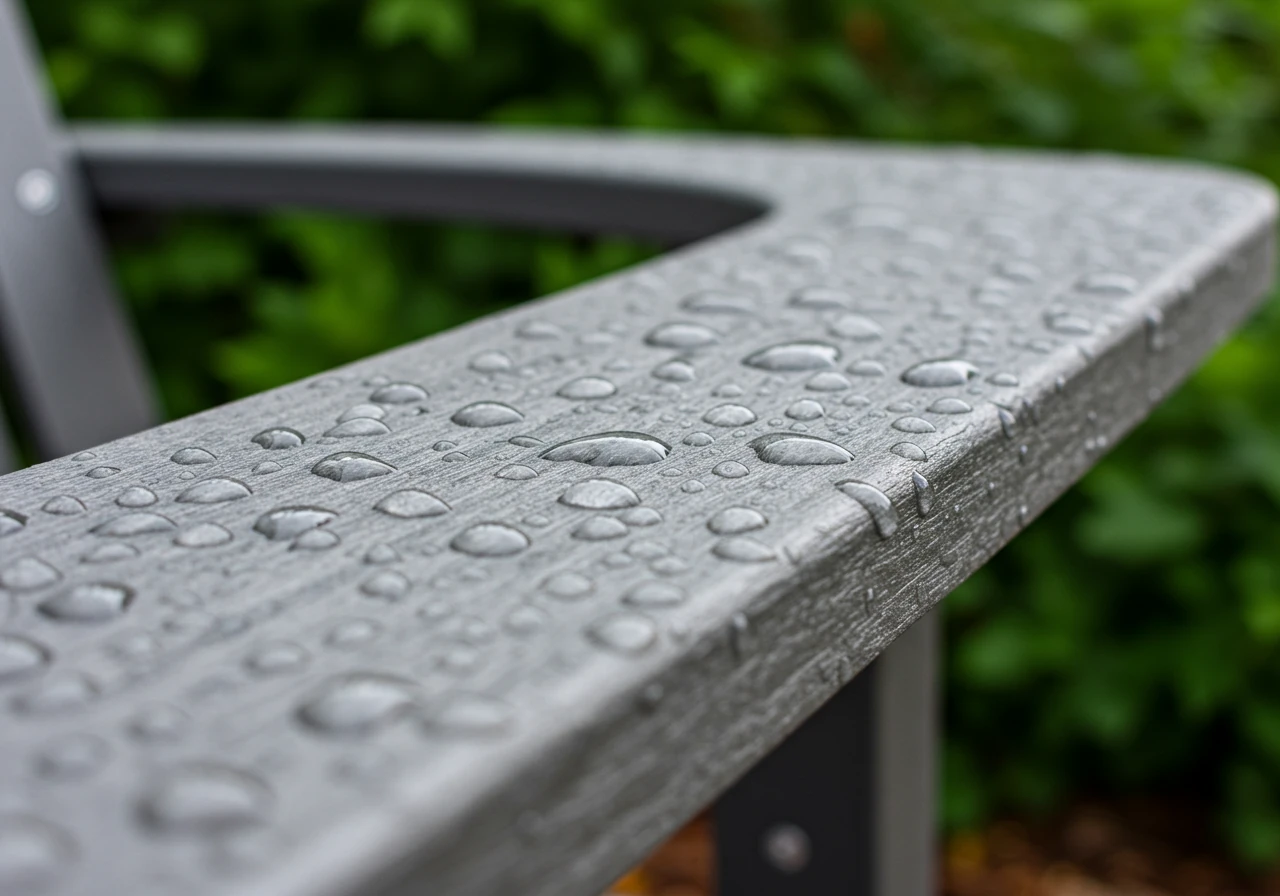 Close-up detail shot showcasing the texture and durability of high-quality, grey-toned recycled plastic lumber used for an Adirondack chair armrest. Dew drops are visible on the surface, highlighting its weather-resistant quality. The background shows blurred green foliage.