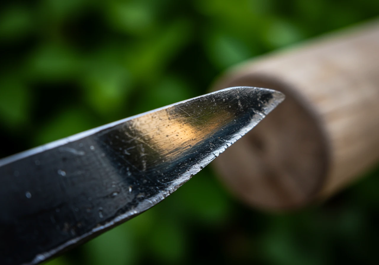 A macro photograph focusing sharply on the newly sharpened, gleaming metal edge of a garden spade or bypass pruner blade. The bevel should be clearly visible, reflecting light, contrasting with the slightly less polished main body of the tool. Background should be softly blurred.