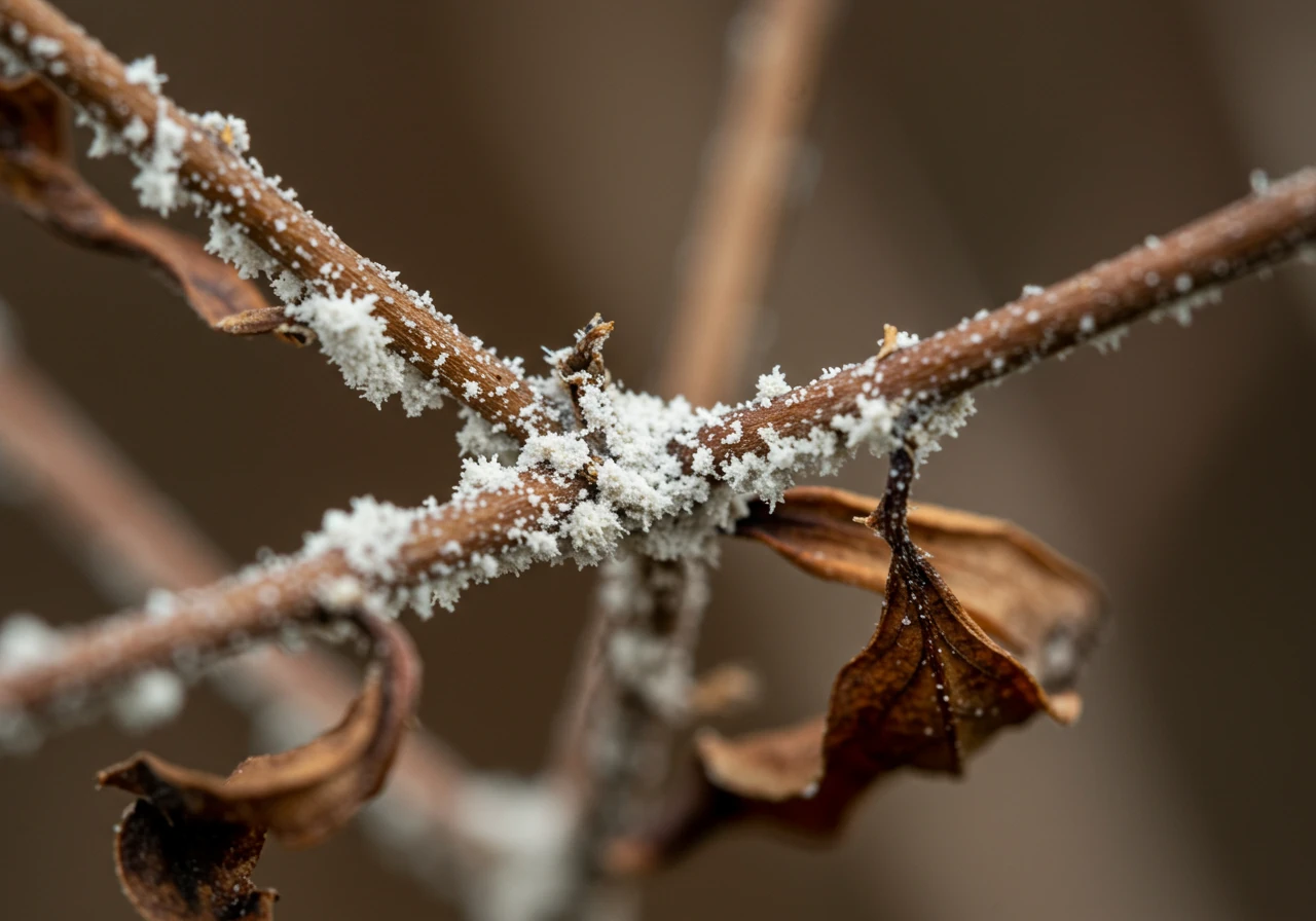 A macro shot focusing on the distinct white, powdery residue of powdery mildew clinging to the dormant stems and perhaps some fallen leaves of a susceptible plant (like phlox or bee balm) in late fall. The background should be blurred garden foliage.