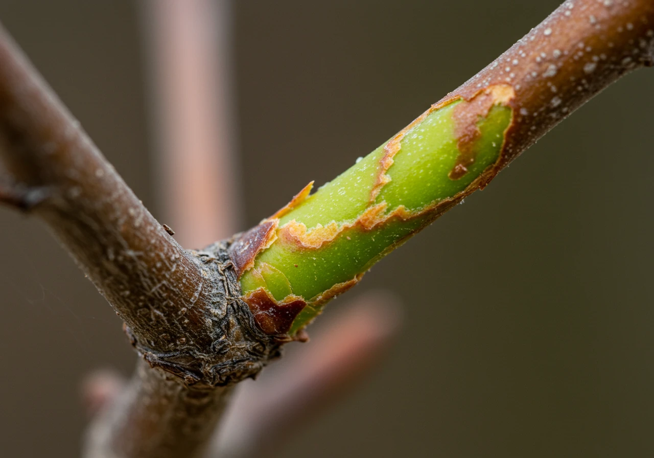 A macro shot illustrating the 'scratch test' described for checking shrub viability. It should focus on a dormant woody twig where a tiny sliver of the outer bark is scraped away, clearly revealing the bright green, moist cambium layer underneath, signifying life.