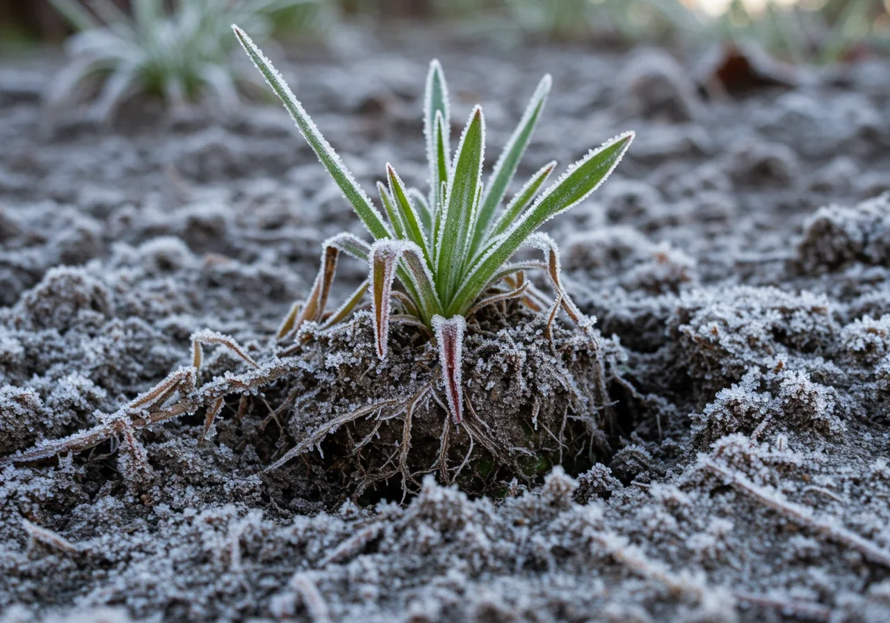 A close-up photograph illustrating the concept of 'frost heave'. It should show a small dormant perennial plant (like a hosta crown or coral bell) slightly lifted out of the soil surface, with visible cracking or disturbance in the frosty ground around its base, highlighting root zone disruption.